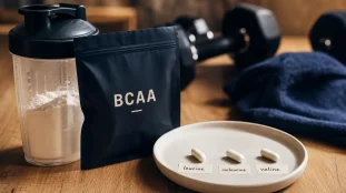 bcaa avis : shaker BCAA et gélules sur table
