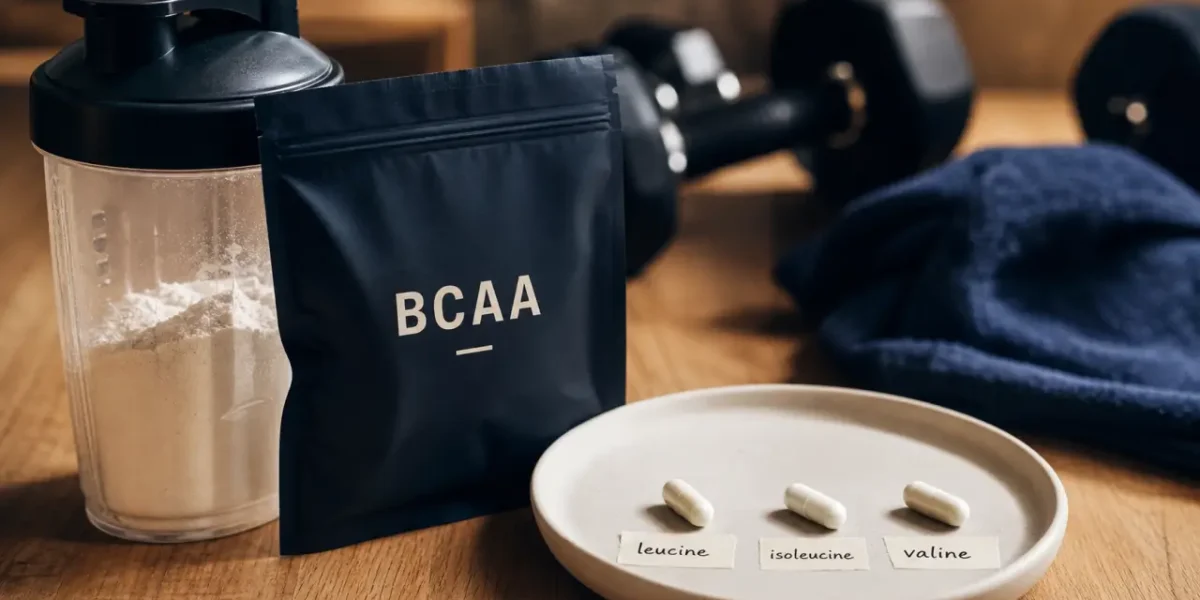 bcaa avis : shaker BCAA et gélules sur table