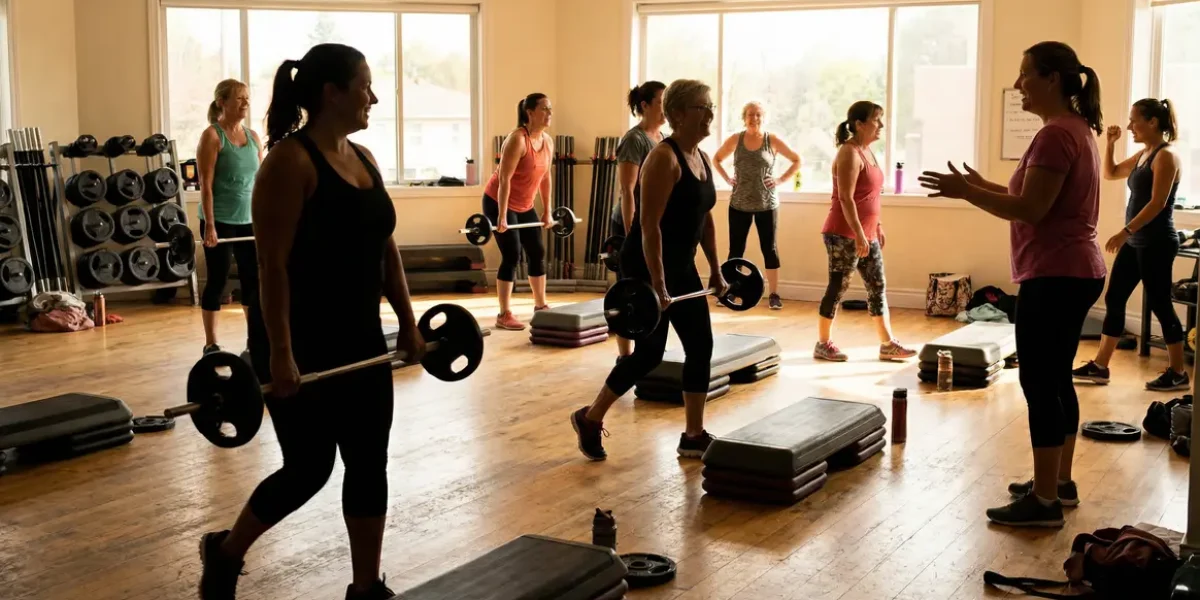 Femmes pratiquant le BodyPump en salle de fitness atmosphère dynamique