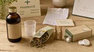 Boisson drainante pharmacie en verre et plantes pour rétention d’eau, détox et minceur