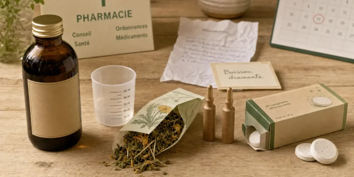 Boisson drainante pharmacie en verre et plantes pour rétention d’eau, détox et minceur