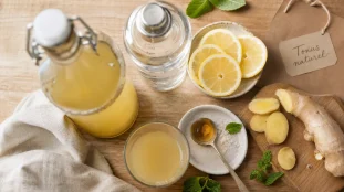 Boisson naturelle energisante maison citron-gingembre, shaker et citron