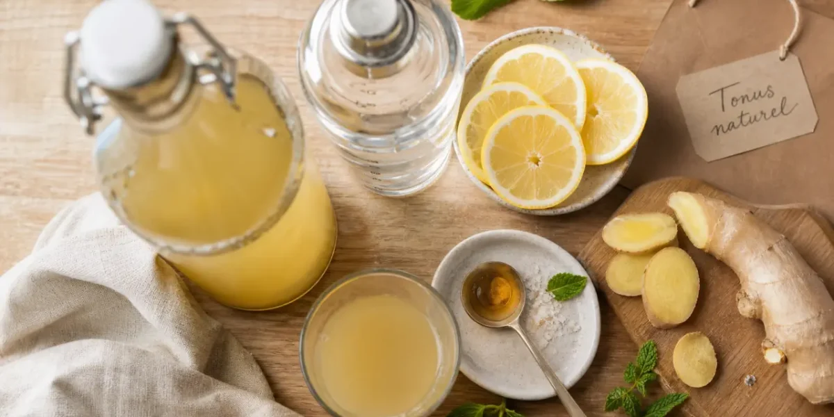 Boisson naturelle energisante maison citron-gingembre, shaker et citron