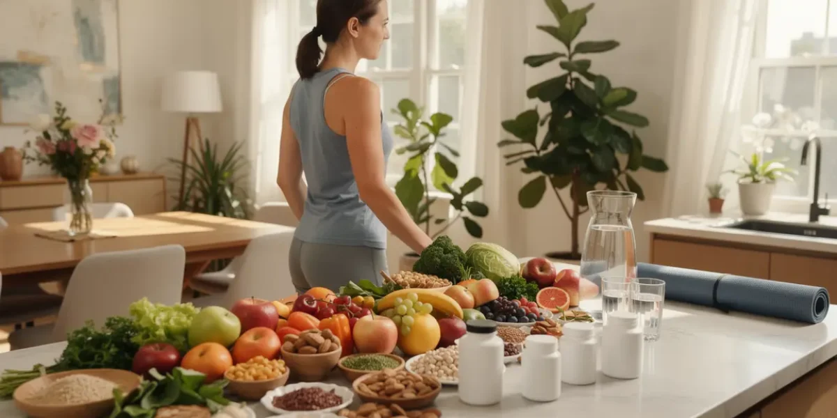 Femme active à la maison avec aliments sains et compléments brûleurs de graisse