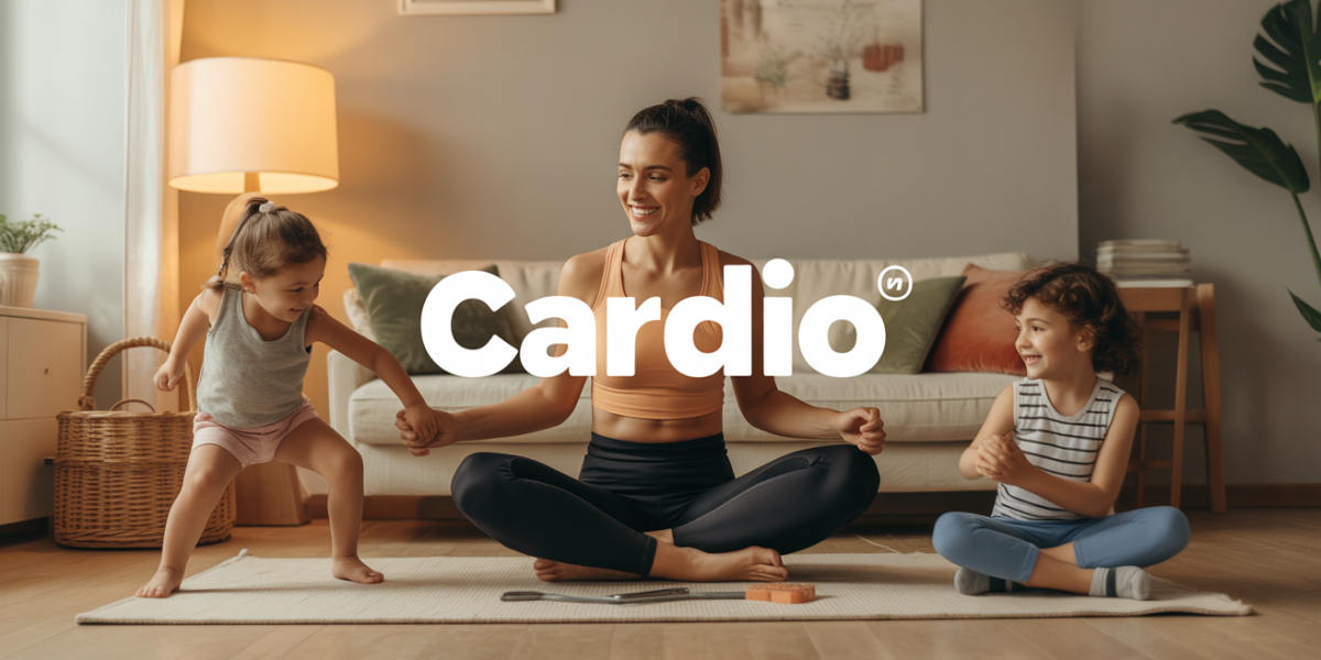 Maman fait cardio à la maison, bien-être, enfants à côté