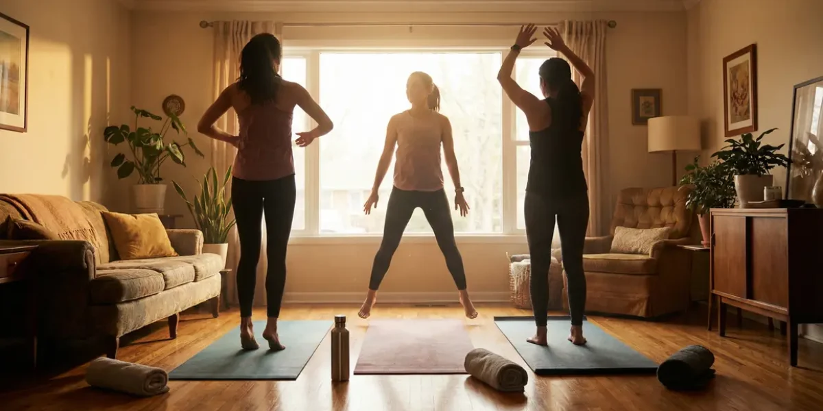 Femmes faisant du cardio-training dans un salon, ambiance dynamique