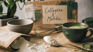 Collagène marin avec du matcha : poudre en bol et matcha latte