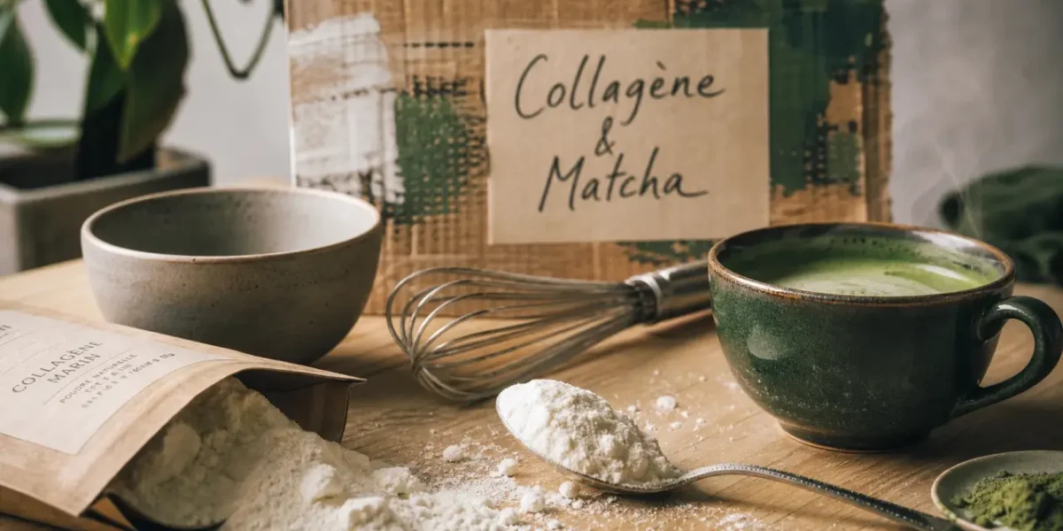 Collagène marin avec du matcha : poudre en bol et matcha latte