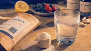 Collagene Nutri and Co : peptides marins 5000 mg, poudre et doseur sur table