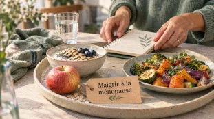 Comment maigrir à la ménopause : assiette équilibrée, yaourt et légumes