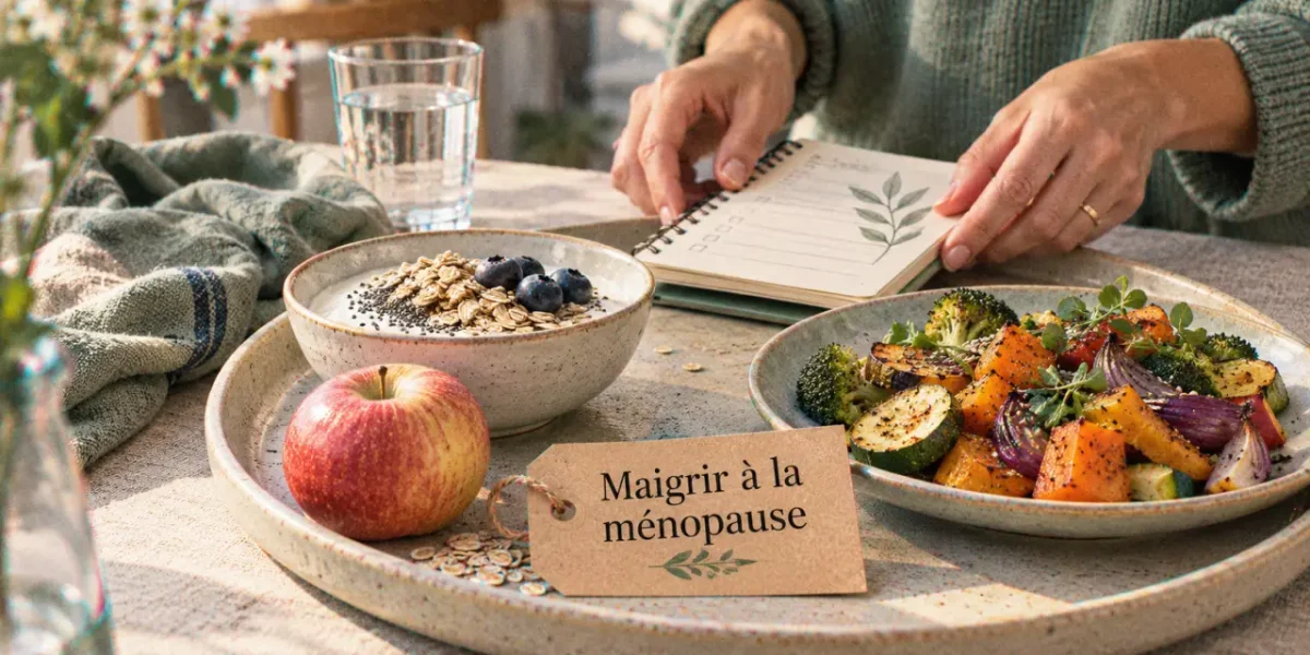 Comment maigrir à la ménopause : assiette équilibrée, yaourt et légumes