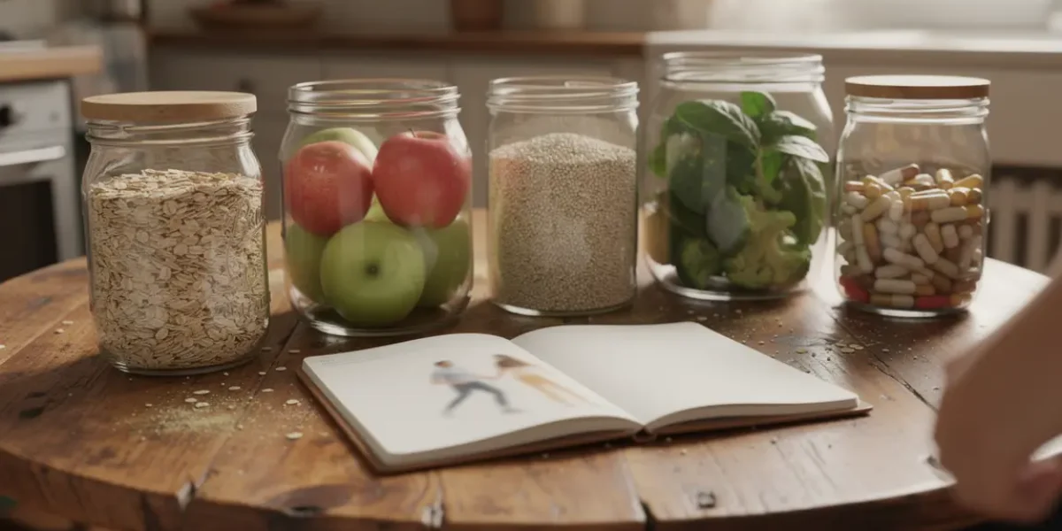 Table ronde avec aliments coupe-faim et brûleurs de graisses, carnet forme