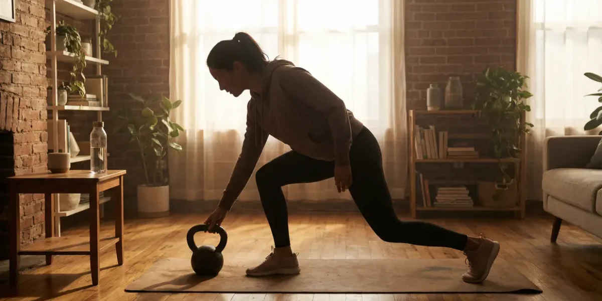 Exercice cross training femme à la maison avec tapis et kettlebell