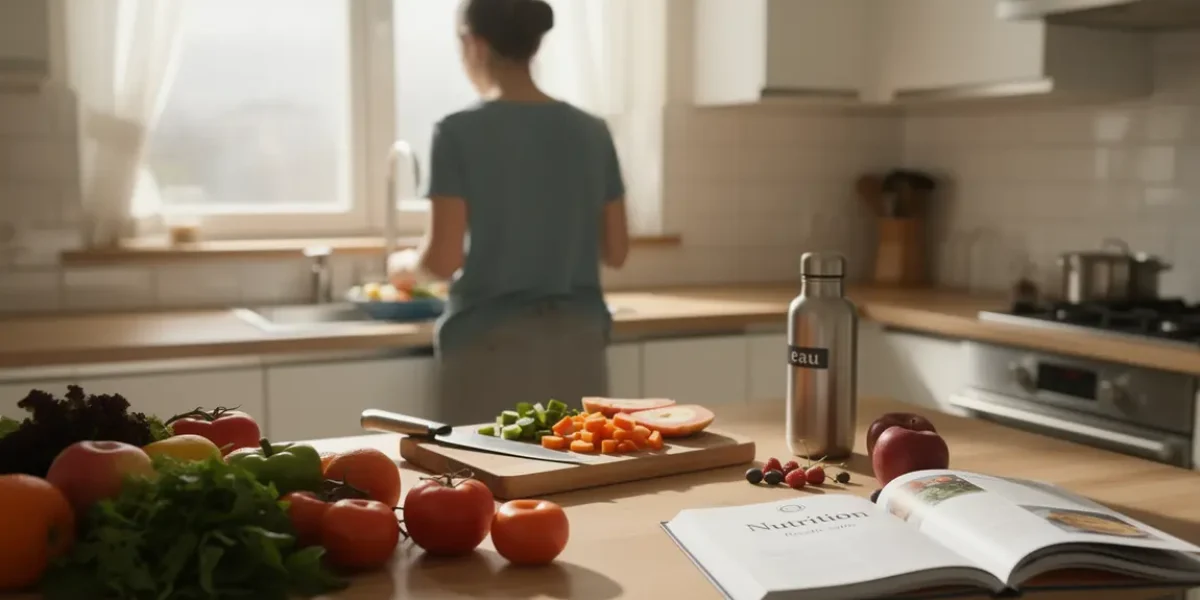 cuisine moderne femme prepare repas equilibre avec fruits legumes gourde