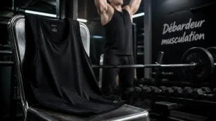 Debardeur musculation noir en salle de musculation, coupe respirante
