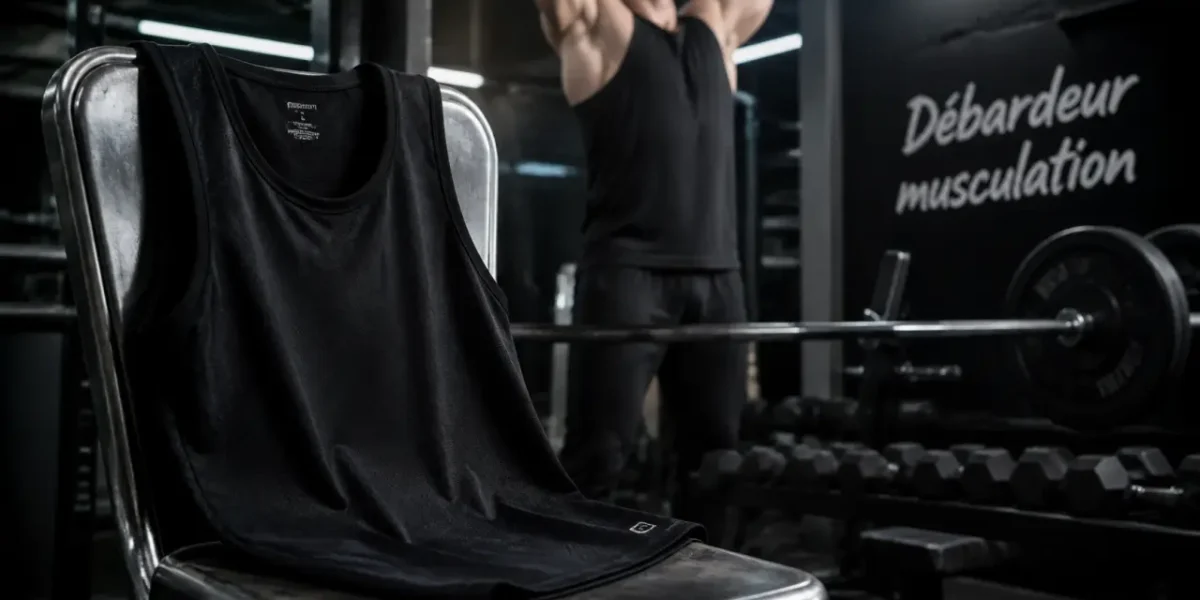 Debardeur musculation noir en salle de musculation, coupe respirante