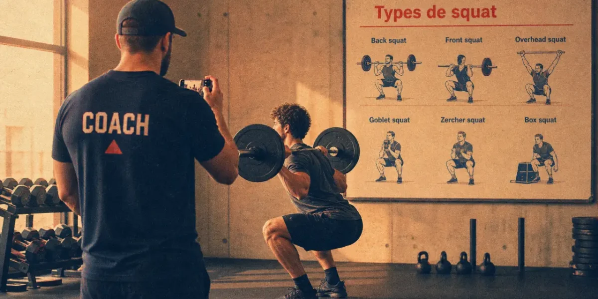 Different type de squat : back, front, sumo ou bulgare en salle