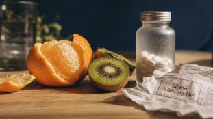 Effets secondaires vitamine C dès 2 000 mg/j : orange et flacon de comprimés