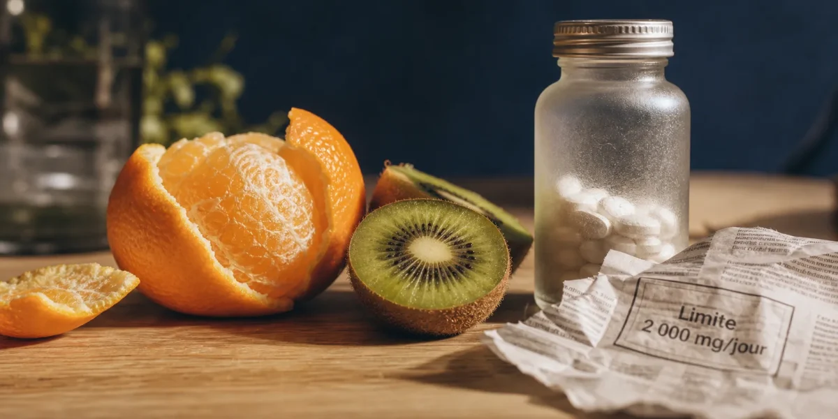 Effets secondaires vitamine C dès 2 000 mg/j : orange et flacon de comprimés