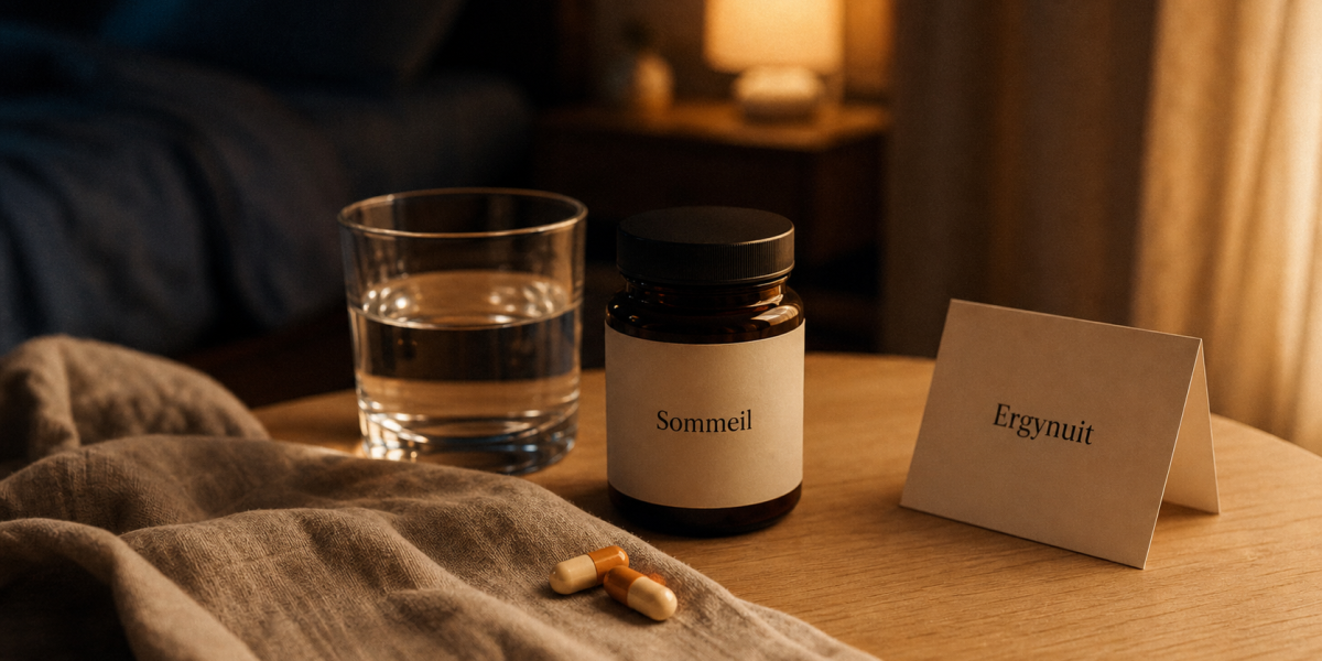 Ergystress sommeil : mélatonine 1 mg, plantes et précautions, compléments au coucher