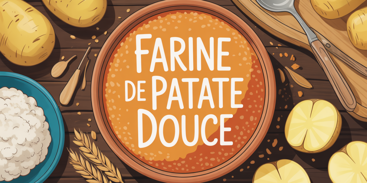 bol de farine de patate douce orange avec patates douces entieres et coupees