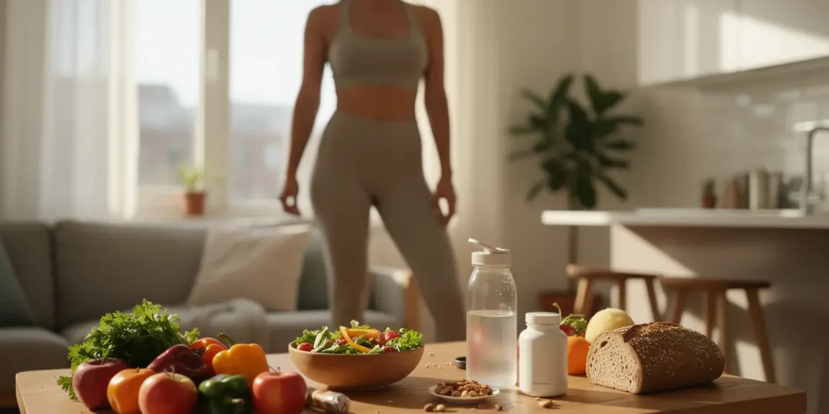 Femme sportive avec aliments sains et bruleur de graisse