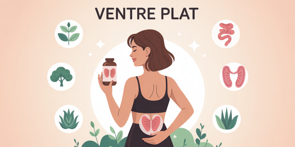 Femme tenant gelule pour ventre plat ambiance bien-être
