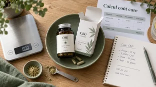Gélules CBD pour maigrir : flacon et doseur sur table