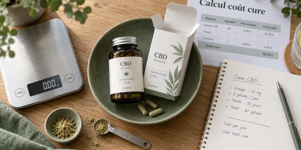 Gélules CBD pour maigrir : flacon et doseur sur table