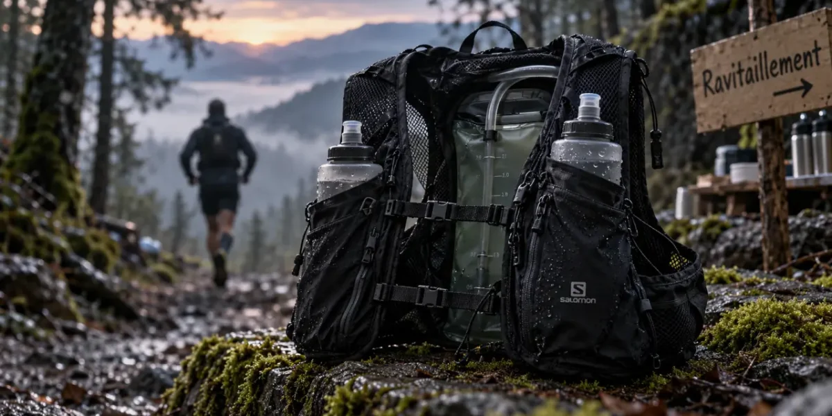 Gilet hydratation noir avec poches et bretelles, en trail au lever du jour