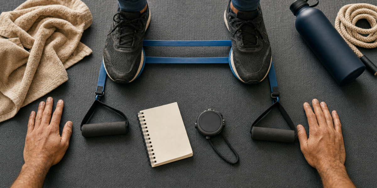 Gym avec un elastique pour squat : élastique sur tapis, pieds en place