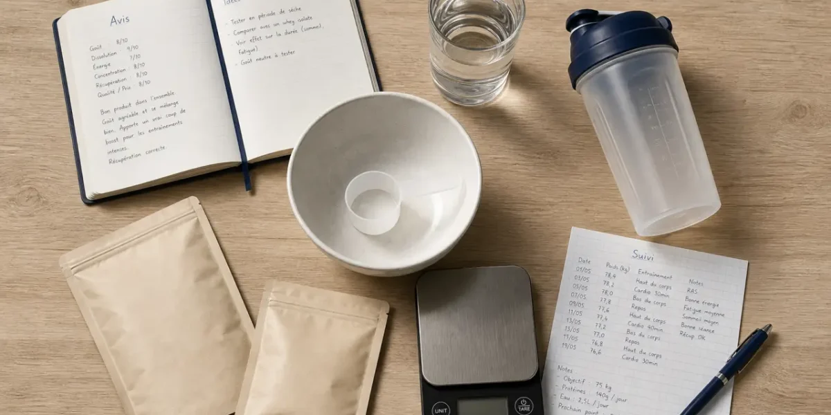 Herbalife avis : bol, shaker et compléments sur fond bois clair
