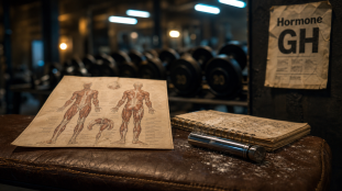 Hormone de croissance pour musculation : séringue fermée et affichage GH en salle de sport