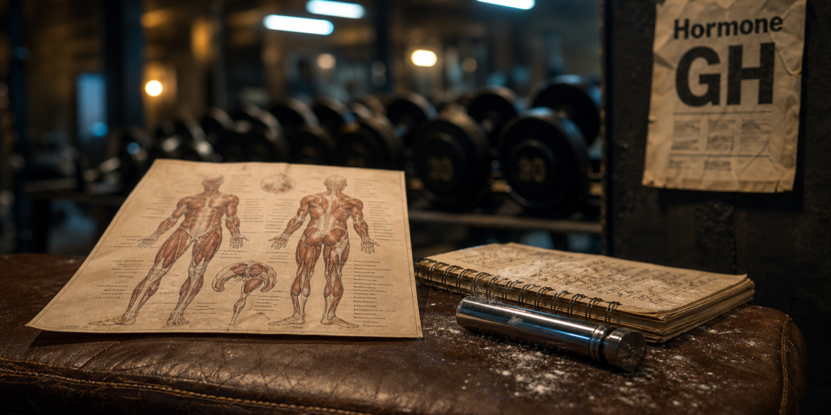 Hormone de croissance pour musculation : séringue fermée et affichage GH en salle de sport