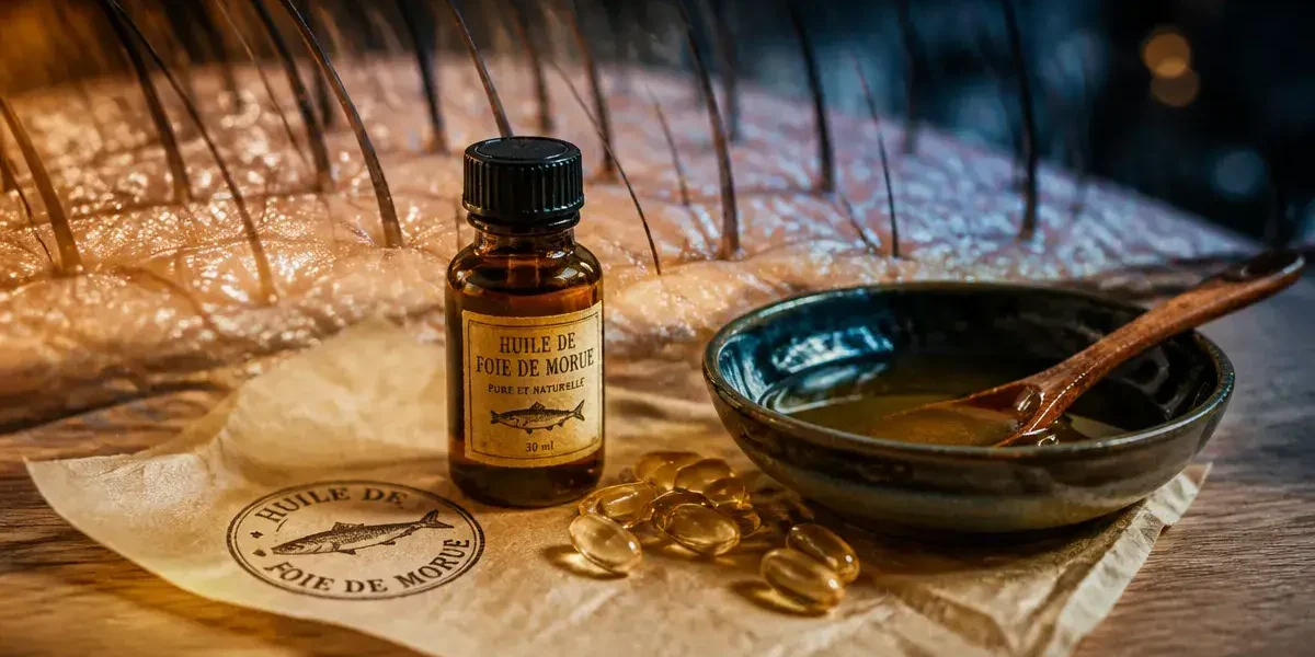 Huile foie de morue bienfaits cheveux : flacon et gélules pour renforcer le cuir chevelu