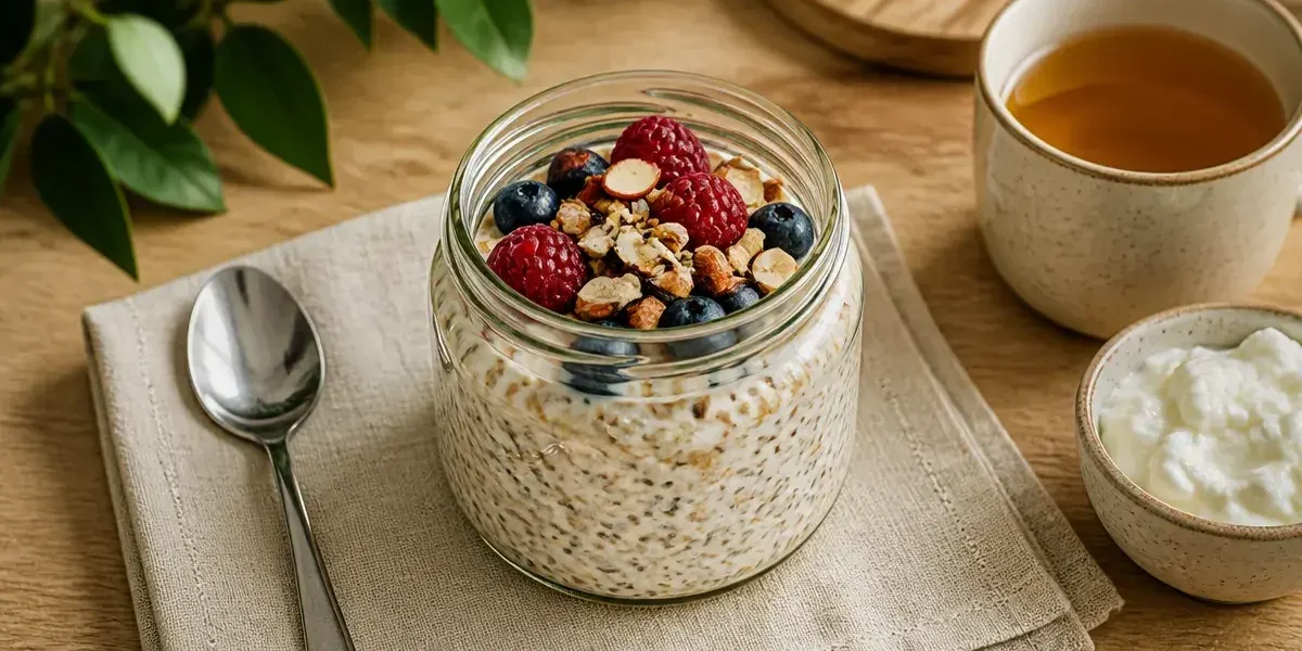 Idées de petit-déjeuner équilibré : bocal d’overnight oats, fruits rouges et chia