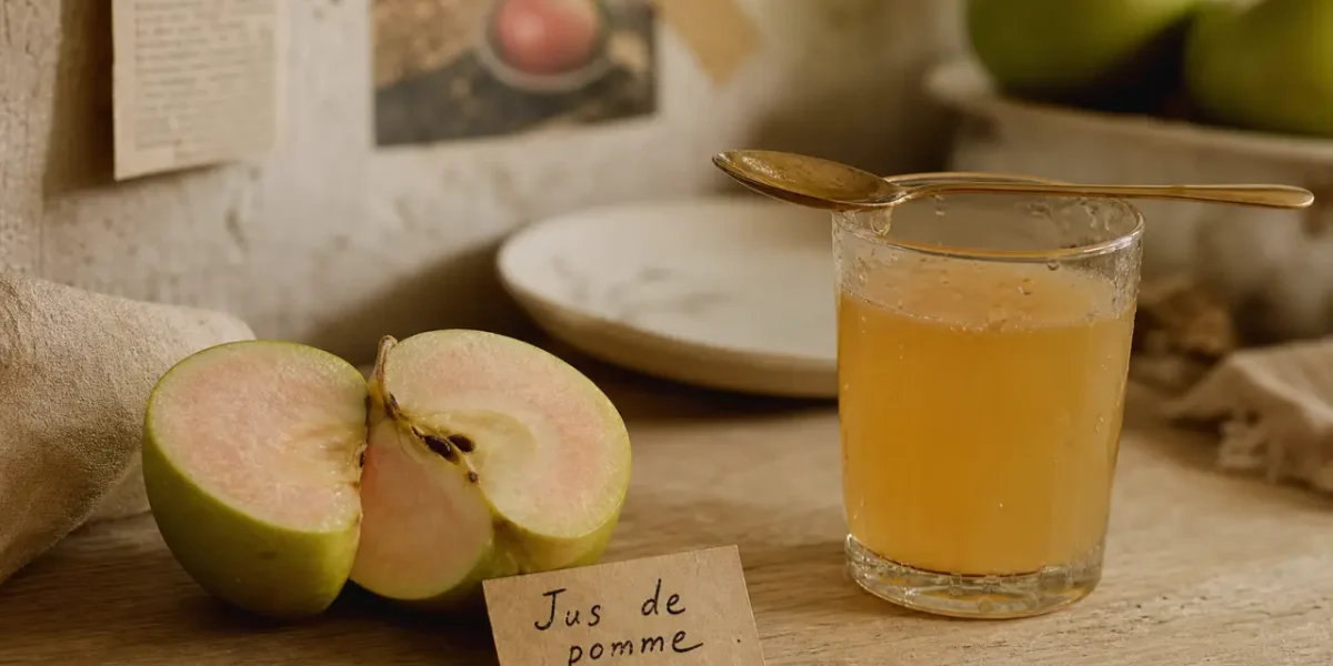 Jus de pommes bienfaits : pomme coupée et verre de jus frais sur table en bois