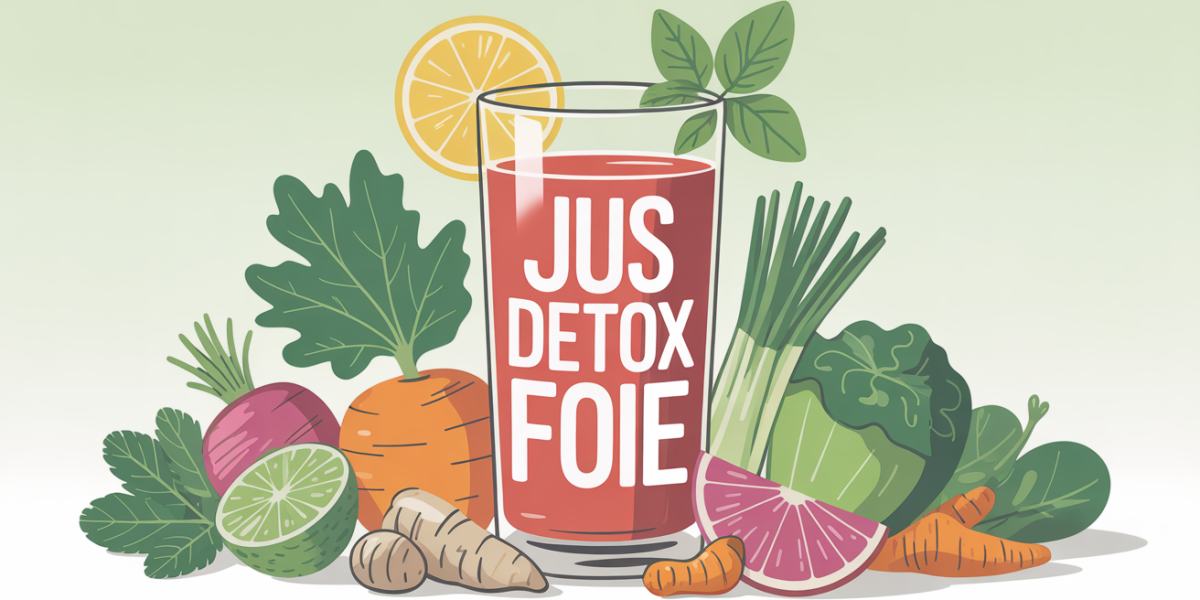 verre de jus detox pour le foie entouré de fruits et légumes frais