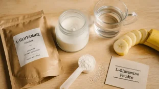 l glutamine en poudre en doseur, eau et banane
