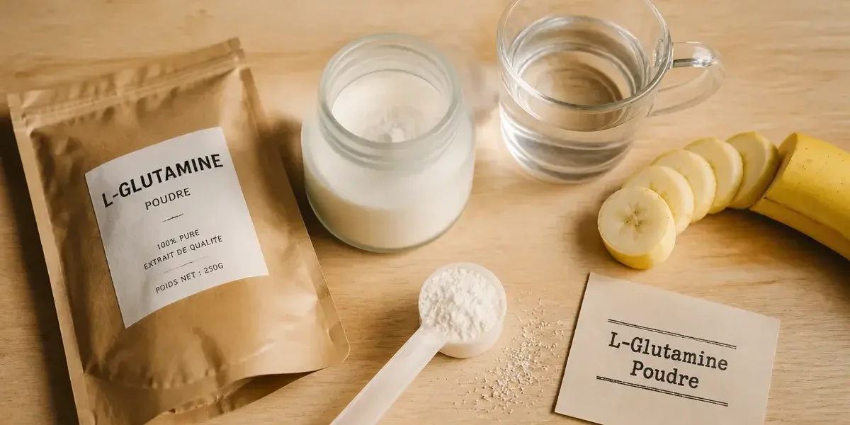 l glutamine en poudre en doseur, eau et banane