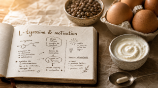 L tyrosine et perte de poids : gélule et aliments sur fond journal