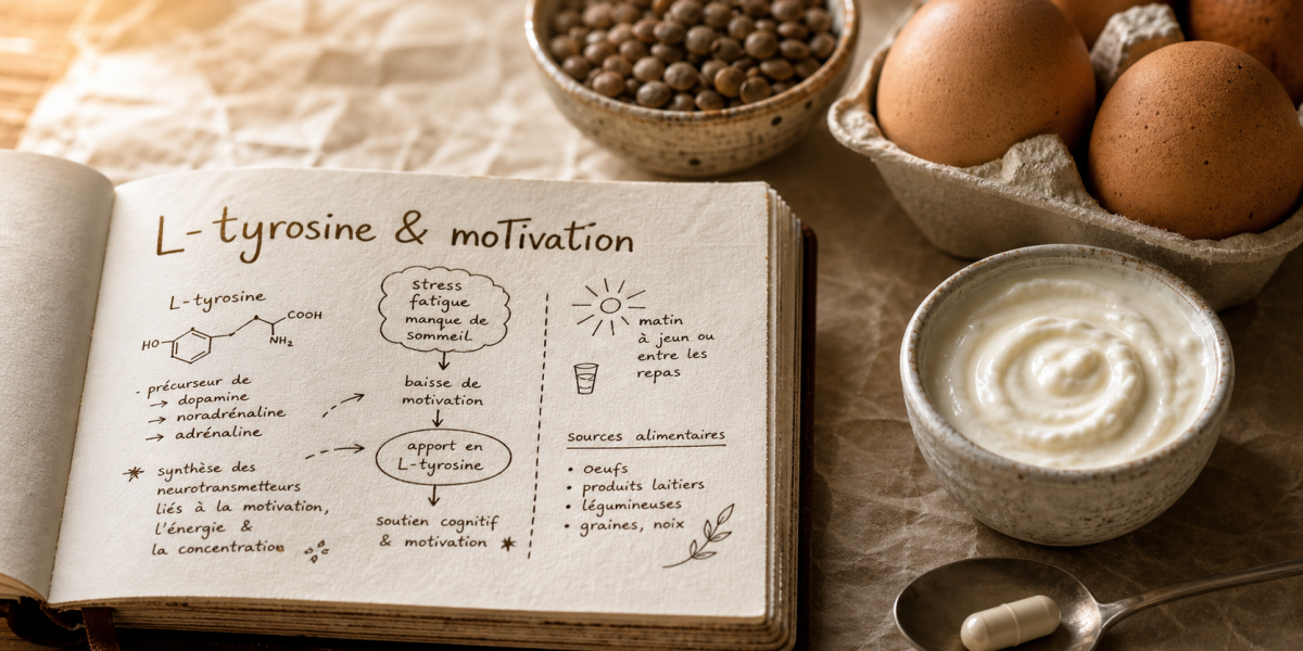 L tyrosine et perte de poids : gélule et aliments sur fond journal