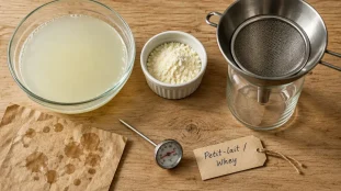 Lactoserum, petit-lait de fromage en bol et poudre