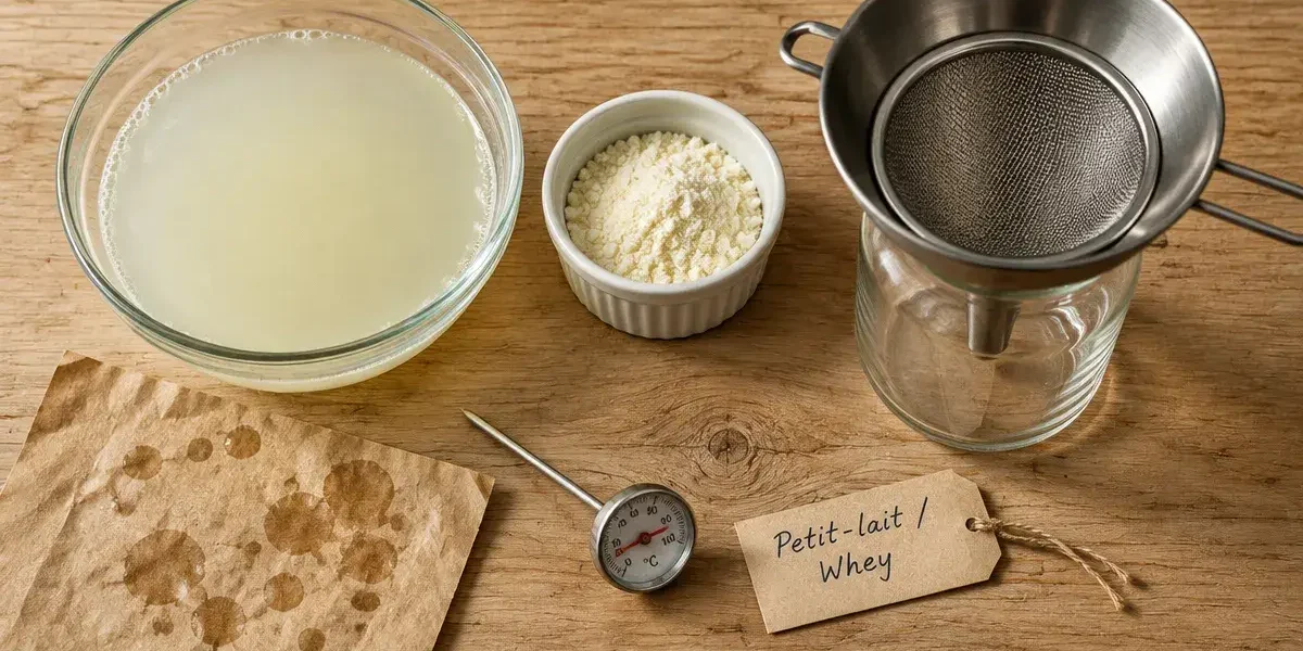 Lactoserum, petit-lait de fromage en bol et poudre