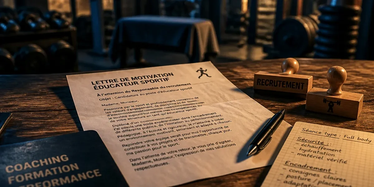 Lettre de motivation sportif sur table, stylo et tampons recrutement