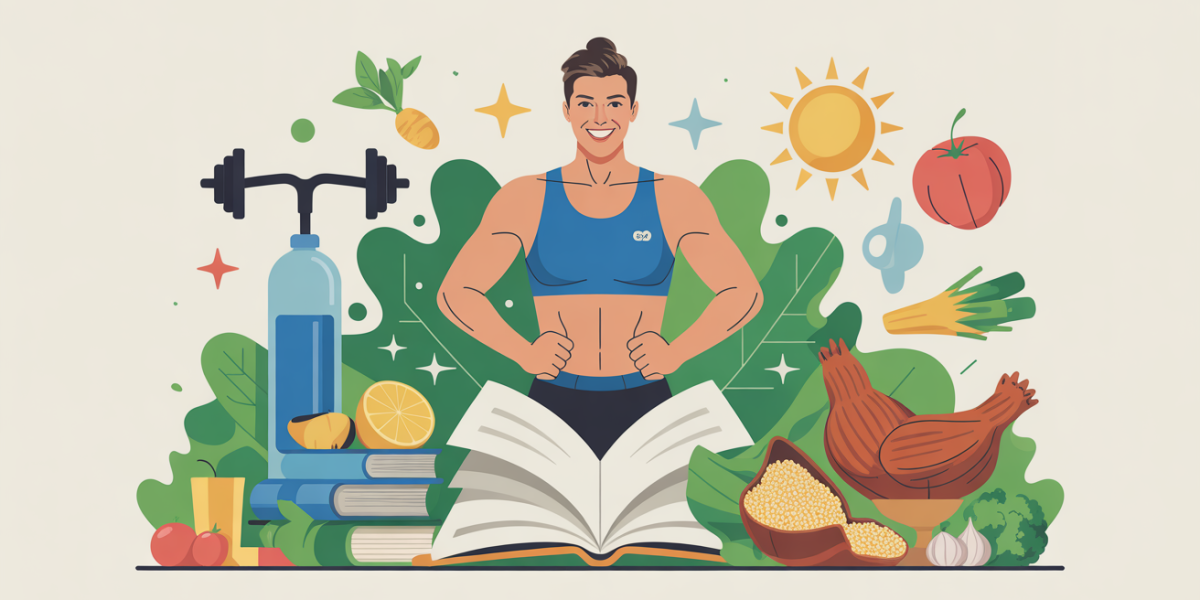 Personnage entouré d'aliments et d'un livre sur la nutrition sportive