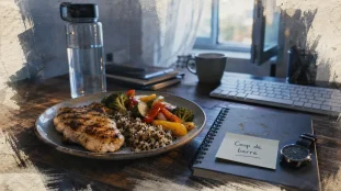 Photo : poulet et eau au bureau, pour lutter contre la fatigue de l'après-midi et relancer l’énergie