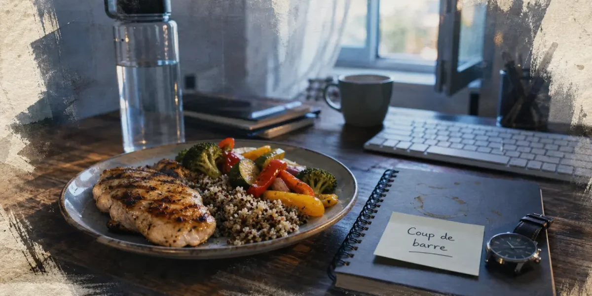 Photo : poulet et eau au bureau, pour lutter contre la fatigue de l'après-midi et relancer l’énergie