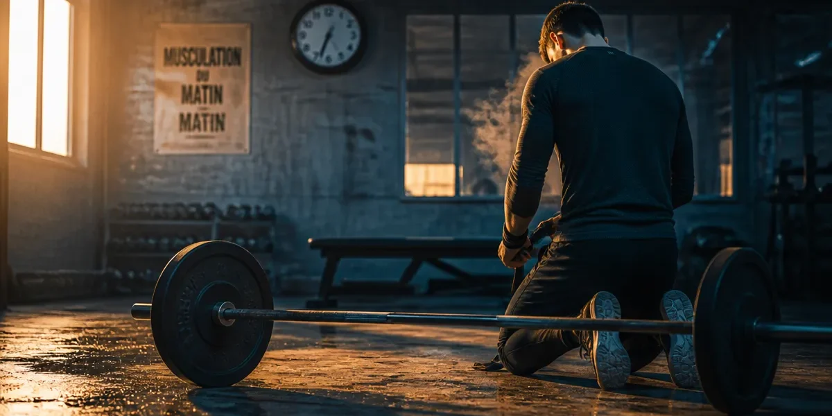 Musculation le matin près de 7h, haltères et rosée sur sol humide