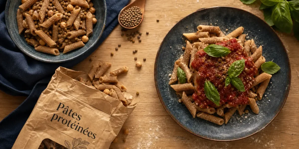 Pates proteine à base de lentilles et pois chiches sur table
